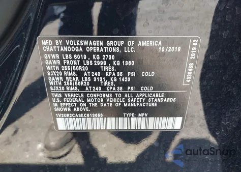 2019 Volkswagen Atlas 3.6L V6 Se W/Technology z USA, uszkodzony, nr VIN 1V2UR2CA3KC613656